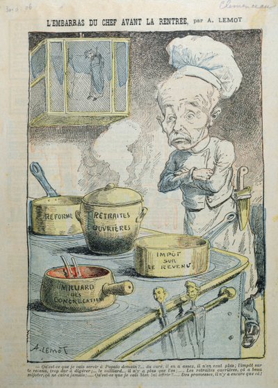 「L&39;Embarras du Chef Avant la Rentree」、ジョルジュクレマンソー（1841-1929）を批評した風刺画、1906 作： A Lemot
